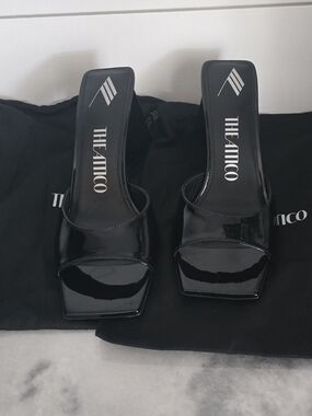 New The Attico Black Patent Square-Toe Slide Sandals 7.5